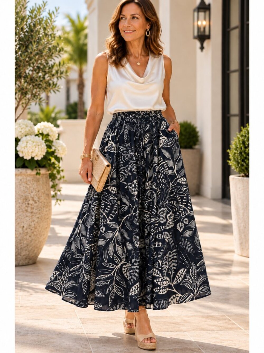 Calypso St. Barth Full Maxi Skirt – Black & White Botanical Print NWT